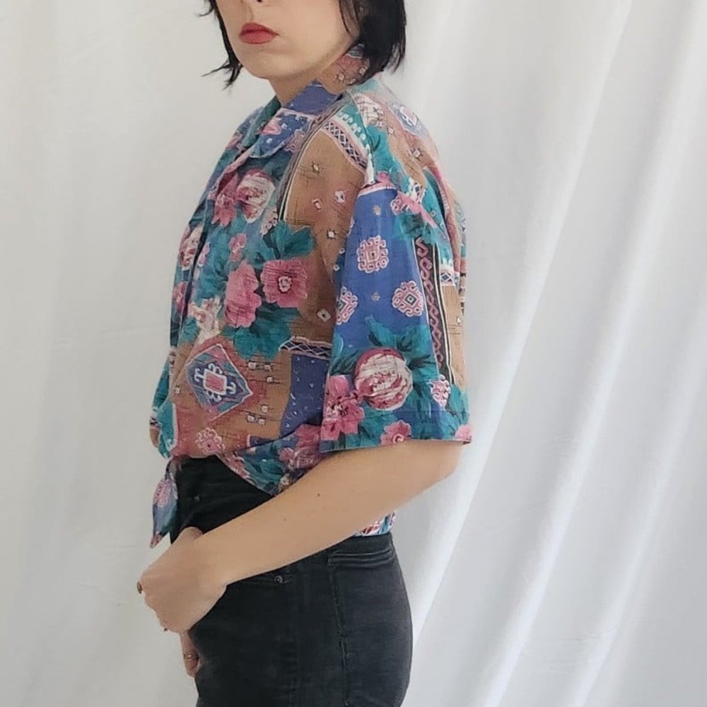 80s Floral Printed Patchwork Top - image 2